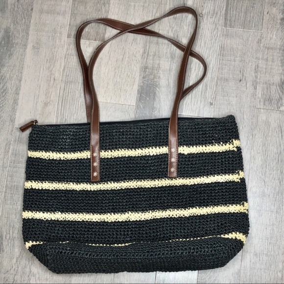 Handbags - Black striped straw bag‎ excellent condition!